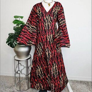 African Ankara Print Maxi Dress with Bell Sleeves and Head Wrap